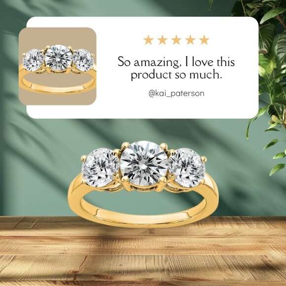 14K Yellow Gold 2.2 CT TRUE Light Moissanite Three Stone Engagement Ring - Picture 9 of 9